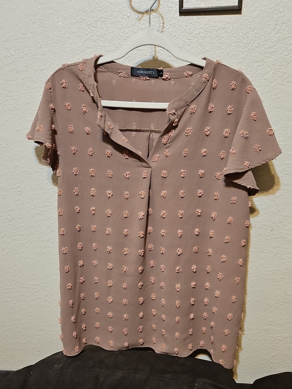 Merokeety Brown Textured Short Sleeve Blouse